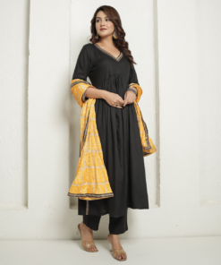 Black Kurta and Pants with Yellow Bandhej Dupatta