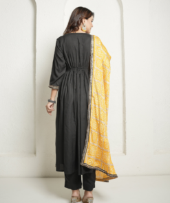 Alternative view of Black Kurta and Pants with Yellow Bandhej Dupatta