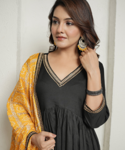 Black Kurta and Pants with Yellow Bandhej Dupatta - Image 4