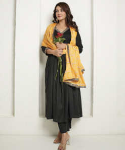 Black Kurta and Pants with Yellow Bandhej Dupatta - Image 6