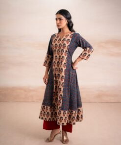 AJRAK BLUE N RED COTTON KURTA SET - Image 3