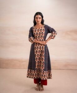 AJRAK BLUE N RED COTTON KURTA SET - Image 5